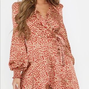 PRETTYLITTLETHING Red Satin Wrap Dress